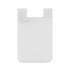 A white mobile phone wallet with a curved design and a slot for cards. It has a minimalistic look and a simple logo.