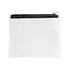 A transparent pencil case with a black zip closure, featuring a simple design and a branding logo.
