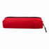 A red canvas tube pencil case with a zip closure and top handle, featuring a logo.