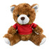 A brown teddy bear plush with a red shirt and black eyes, featuring a cute expression and soft fur.