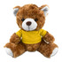 A plush teddy bear in brown fur, wearing a yellow shirt, sitting with its arms and legs outstretched.
