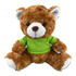 A fluffy brown teddy bear with a green t-shirt and white accents sits upright, featuring a friendly face.