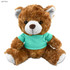 A plush teddy bear in light brown, wearing a turquoise shirt, featuring soft fur and distinct facial details.