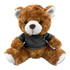A brown teddy bear plush toy with a black shirt, featuring a cute face and soft fur. It has a logo on its shirt.