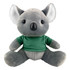 A plush koala toy in grey with a green shirt, featuring stitched details and a cute facial expression.