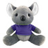 A plush koala toy with grey fur wearing a purple shirt, featuring large ears and a cute black nose.