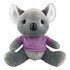 A grey koala plush toy wearing a purple shirt, featuring large ears and a friendly expression. It has a logo on its shirt.