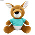 A soft, light brown kangaroo plush toy wearing a light blue shirt, with floppy ears and a cheerful expression.