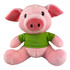 A pink plush pig with a green shirt, featuring large eyes and soft ears, sitting upright.