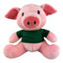A pink plush pig with a green T-shirt, featuring black eyes and a large snout. It has a branding logo on the shirt.