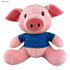 A pink plush pig toy wearing a blue shirt, featuring large ears and a smiling face. It has a logo on the shirt.