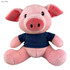 A cute pink pig plush toy wearing a navy blue shirt, with large ears and a friendly expression. It has a logo on it.