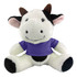 A plush cow toy featuring a black and white design, wearing a purple shirt and a friendly expression.