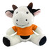 A plush cow toy with black and white fur, wearing an orange shirt, featuring a friendly smile and brown horns.