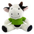 A plush cow toy with black and white fur, wearing a bright green shirt, sitting with a cheerful expression.