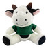 A plush cow toy featuring black and white fur with a green shirt, smiling with ear and horn details.