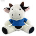 A plush cow toy with a smiling face, wearing a blue shirt, featuring black and white colouring, and brown horns.