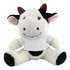 A black and white cow plush toy with a smiling face, dressed in a plain white shirt.