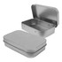A silver tin with a removable lid, displaying an empty, rectangular interior suitable for storage.