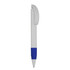 A plastic pen with a white body and a blue textured grip, featuring a clip at the top and a logo.