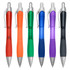 A set of six plastic pens in red, orange, green, blue, purple, and black with silver accents. Each pen features a grip and click mechanism.