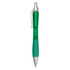 A green plastic pen with a silver clip and tip, featuring a textured grip. It has a logo on its body.