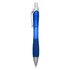 A blue plastic pen with a silver clip and grip section, featuring a logo on its body.