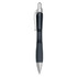 A plastic pen in black with a silver clip and tip, featuring a textured grip. It has a logo on the barrel.