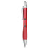 A red plastic pen with a silver clip and tip, featuring a textured grip. The pen has a logo.