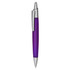 A plastic pen in purple with a silver clip and tip, featuring a branding logo.