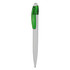 A plastic pen with a white barrel and a green clip. The pen features a logo.