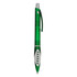 A green plastic pen with a grey clip and grip, featuring a logo on the body.