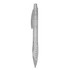 A plastic pen in clear and grey tones, featuring a textured grip and a clip. It has a logo on the side.