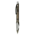 A plastic pen in dark grey with a white grip and a silver clip. The pen features a logo.