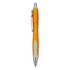 An orange plastic pen with a white grip and silver clip, featuring a rounded design and a metal tip.
