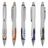 Five plastic pens in white with assorted coloured grips—orange, blue, purple, and grey, featuring a logo.