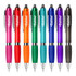 A collection of eight plastic pens in vibrant colours: pink, orange, green, blue, purple, and black, each with a logo.