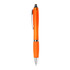 An orange plastic pen with a silver clip and tip, featuring a sleek matte finish. Includes branding on the body.