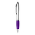 A plastic pen with a silver barrel and a purple rubber grip, featuring a clip and a logo.