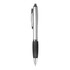 A silver plastic pen with a black rubber grip and a clip, featuring a polished finish and a logo.