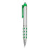 A plastic pen with a silver body, green accents, and a grip featuring white polka dots. It has a clip and a logo.