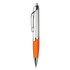 A plastic pen with a silver body and an orange grip, featuring a clip and a ballpoint tip.