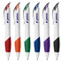 A set of plastic pens in various colours: orange, green, black, purple, and blue, featuring a logo.