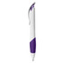 A plastic pen featuring a white body with purple accents and a grip. It includes a clip for easy attachment.