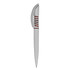 A plastic pen in white with a sleek design and brown accents, featuring a logo.