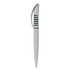 A plastic pen in white with green grip accents and a stylish design. It features a logo on the body.