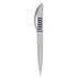 A plastic pen in grey with blue accents, featuring a logo on its side.