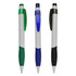 Three plastic pens in green, blue, and black with white grips and clips, featuring logos on the bodies.