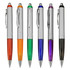 A collection of plastic pens in orange, green, blue, purple, and black, featuring silver accents and logos.