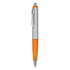 A plastic pen with an orange and silver design, featuring a clip and a glossy finish.